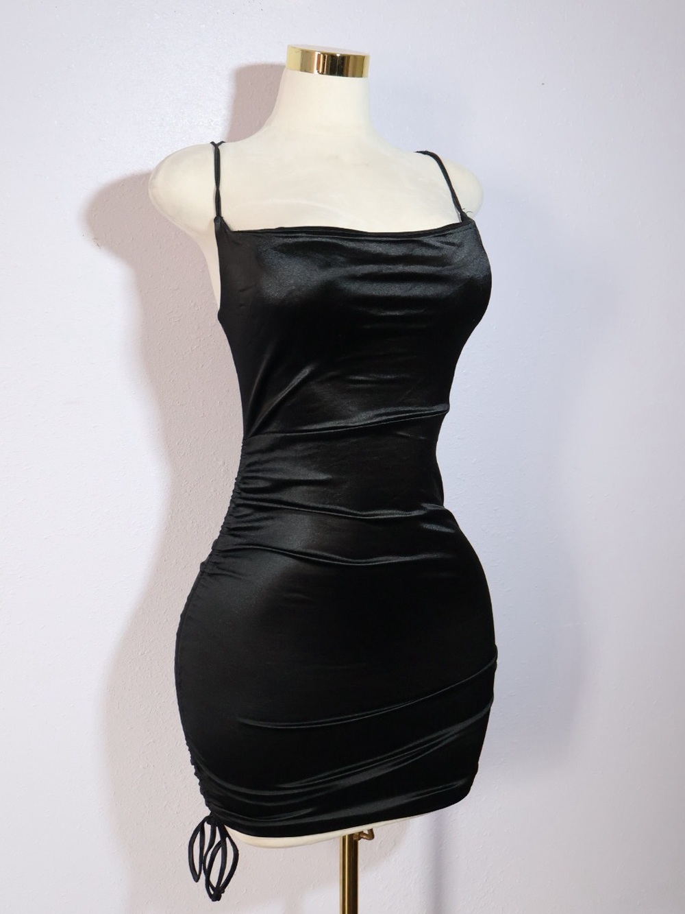 Almost Famous Black Satin Mini Dress with Spaghetti Straps